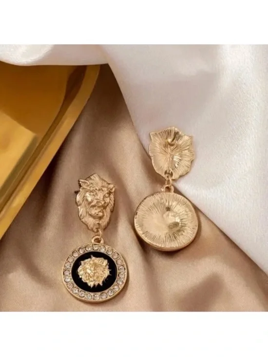 Gold Tone and Black Lion Medallion Drop Earrings - Women's Jewelry New NWT - Picture 4 of 6